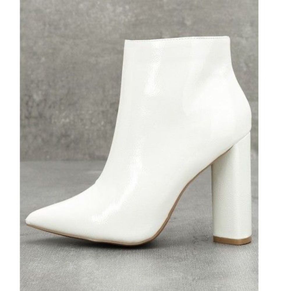 Qupid white patent point toe block heel booties